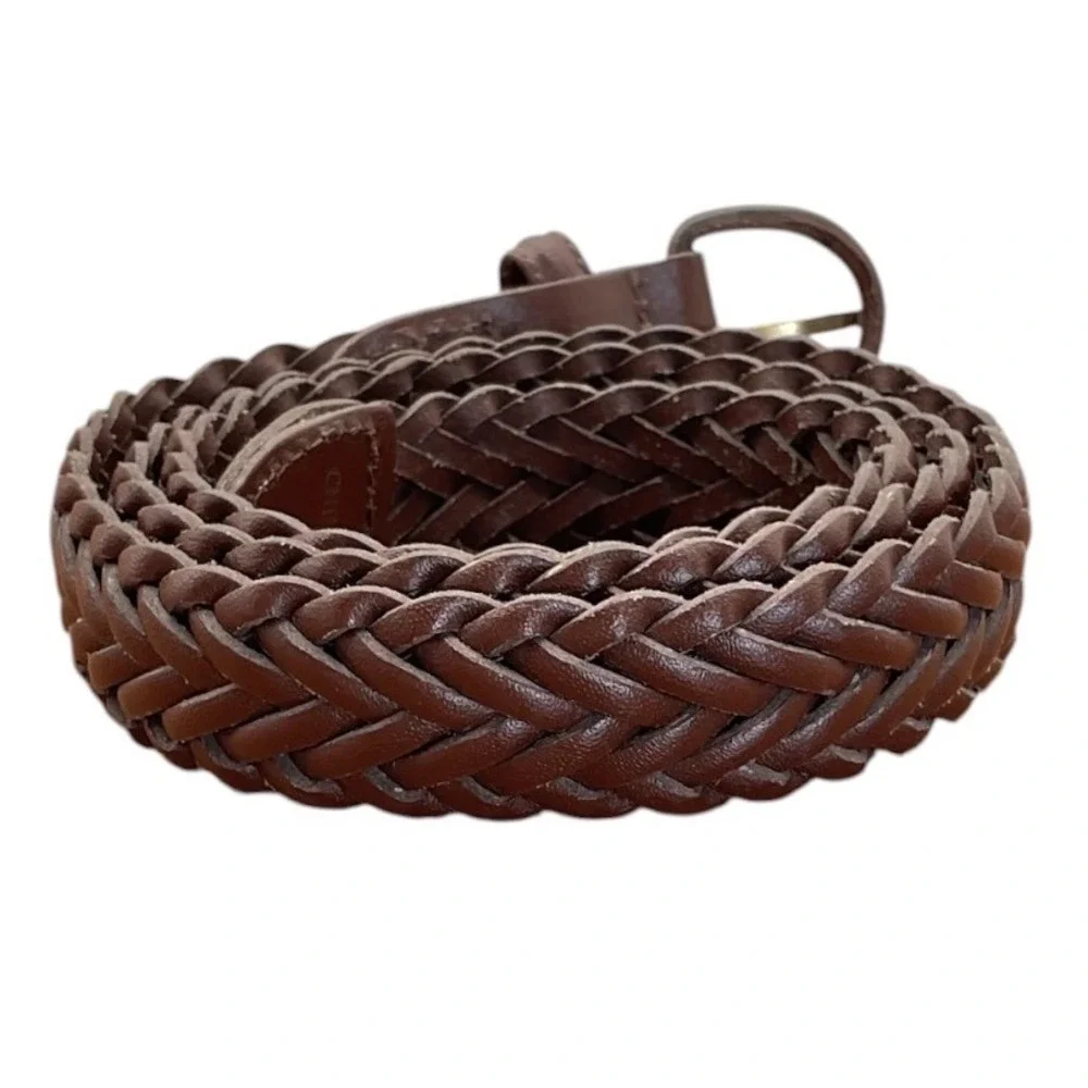 Womens Brown Braided Genuine Leather Belt Gold Buckle‎ Size 38 Woven Adjustable